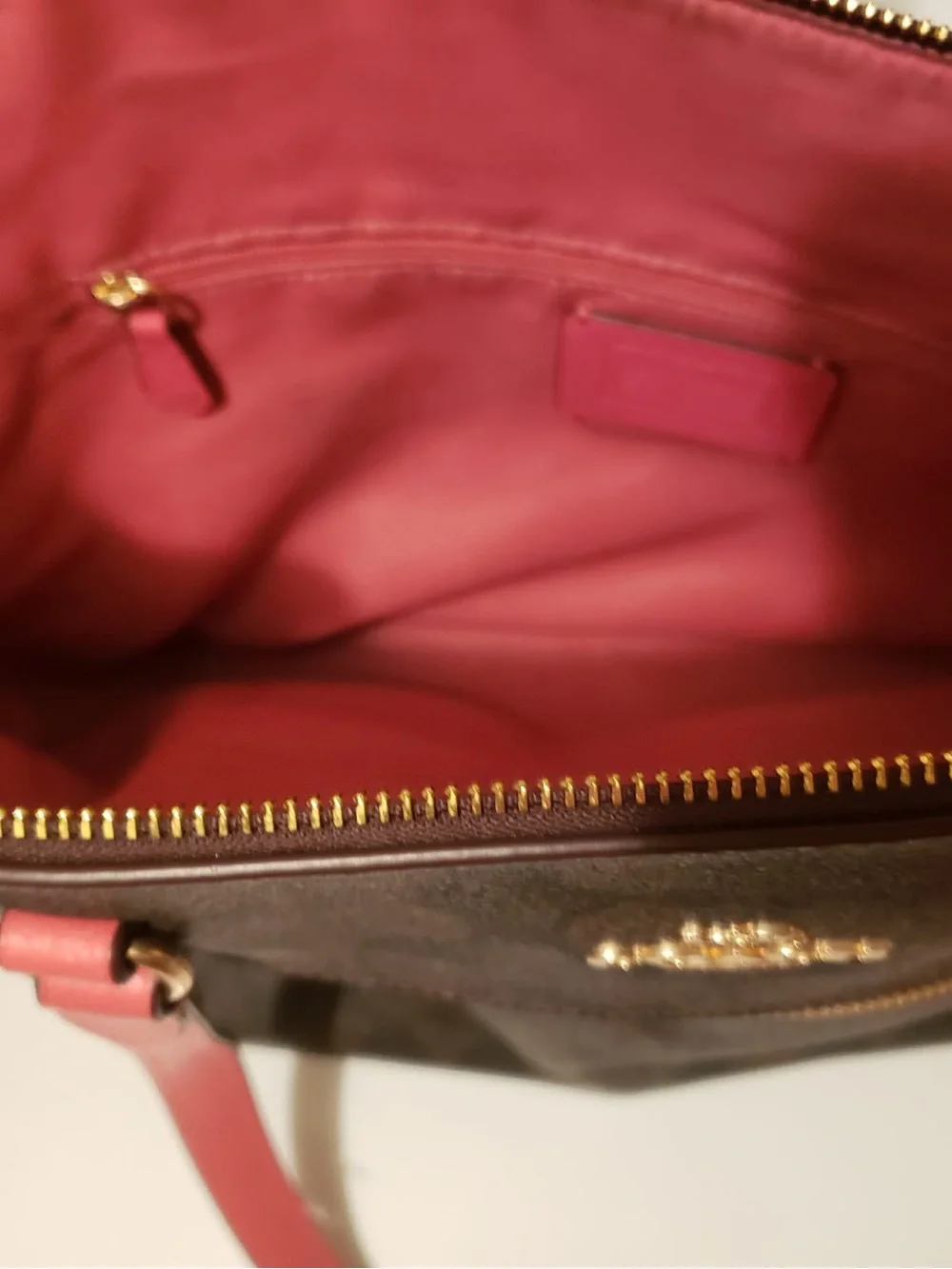 Coach Brown Signature Tote with Coral Pink Trim